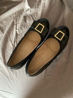 Cole Haan Black Patent Leather Flats with Gold Buckle